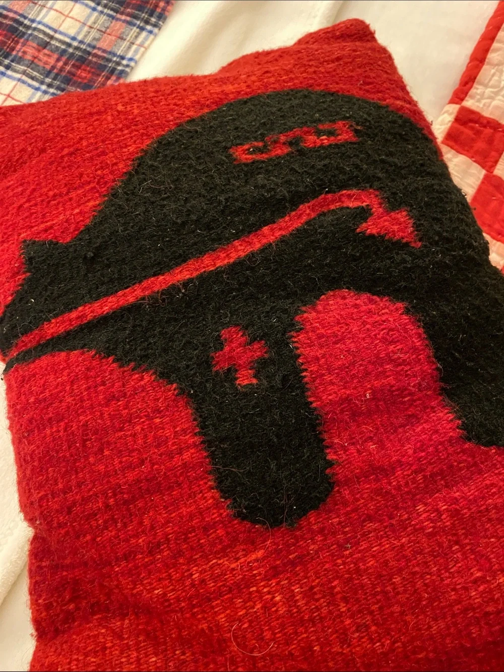 Red Decorative Throw Pillow with Black Bear Motif